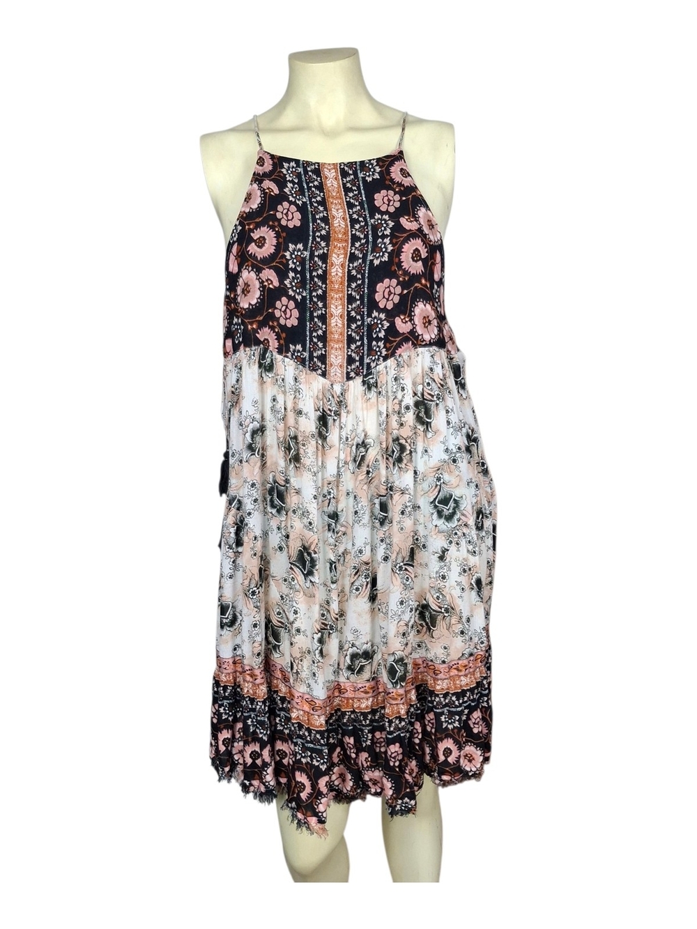 Free People Pink and Black Floral Halter Midi Dress
